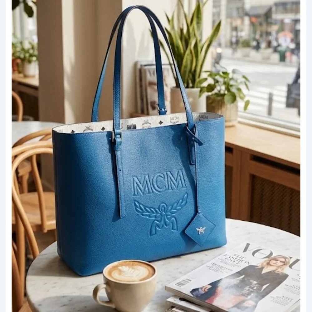 MCM Tote Himmel Shopper Embossed Logo Leather New Munich Blue NWT full inclusion - Picture 12 of 17